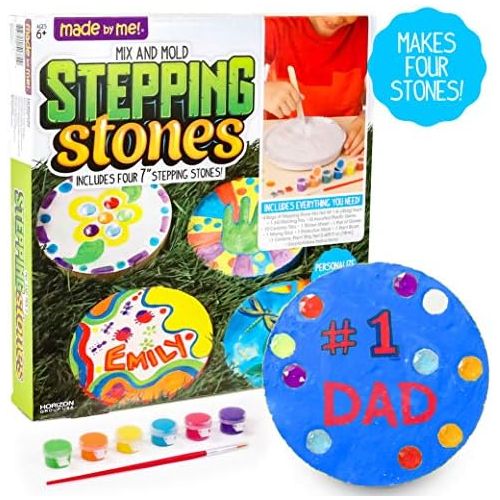  [아마존베스트]Made By Me Mix & Mold Your Own Stepping Stones by Horizon Group USA, DIY Craft Kit, Decorative Gemstones, 6 Paint Pots, Paint Brush, Gloves & Sticker Sheet Included, Multicolored