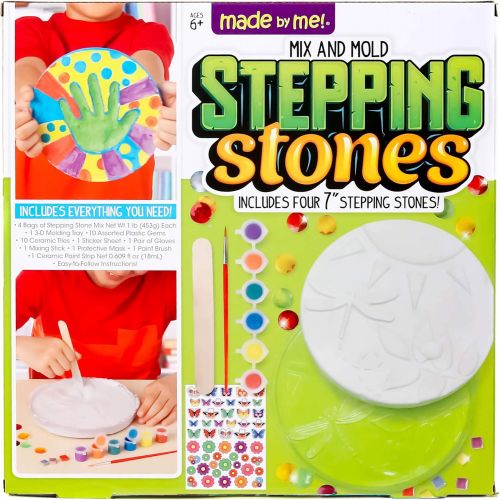  [아마존베스트]Made By Me Mix & Mold Your Own Stepping Stones by Horizon Group USA, DIY Craft Kit, Decorative Gemstones, 6 Paint Pots, Paint Brush, Gloves & Sticker Sheet Included, Multicolored