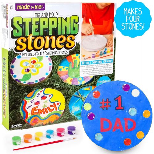  [아마존베스트]Made By Me Mix & Mold Your Own Stepping Stones by Horizon Group USA, DIY Craft Kit, Decorative Gemstones, 6 Paint Pots, Paint Brush, Gloves & Sticker Sheet Included, Multicolored