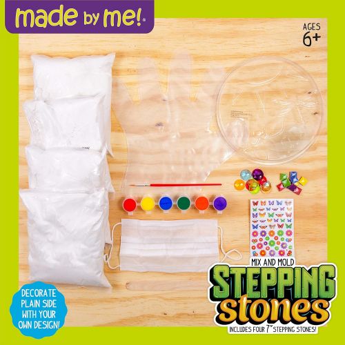  [아마존베스트]Made By Me Mix & Mold Your Own Stepping Stones by Horizon Group USA, DIY Craft Kit, Decorative Gemstones, 6 Paint Pots, Paint Brush, Gloves & Sticker Sheet Included, Multicolored