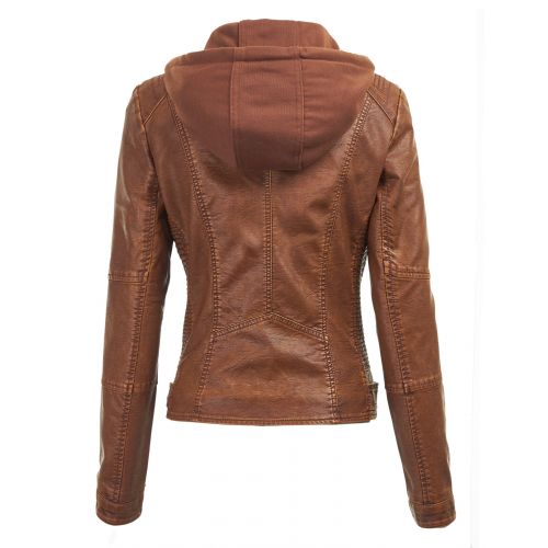 Made by Johnny MBJ WJC1044 Womens Faux Leather Quilted Motorcycle Jacket with Hoodie S CAMEL
