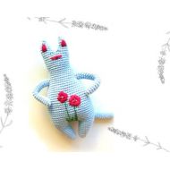 MadeKrisbel FUNNY BLUE CAT with flower embroidery. Hand-knitted kitten for Christmas gift. Amigгrumi softies toy for home decor