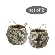 MadeTerra 2 Pack Small 10x11 Seagrass Belly Basket with Handles | Woven Straw Baskets for Laundry, Storage, Picnic, Plant Pot, Planter and Beach Bag (Black Zigzag)