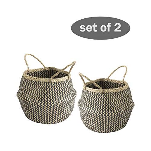  MadeTerra 2 Pack Small 10x11 Seagrass Belly Basket with Handles | Woven Straw Baskets for Laundry, Storage, Picnic, Plant Pot, Planter and Beach Bag (Black Zigzag)