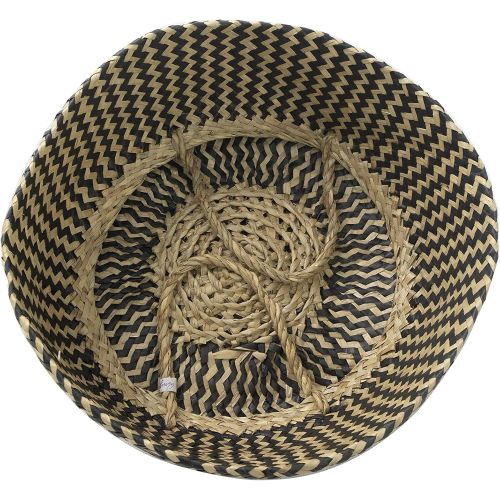  MadeTerra 2 Pack Small 10x11 Seagrass Belly Basket with Handles | Woven Straw Baskets for Laundry, Storage, Picnic, Plant Pot, Planter and Beach Bag (Black Zigzag)