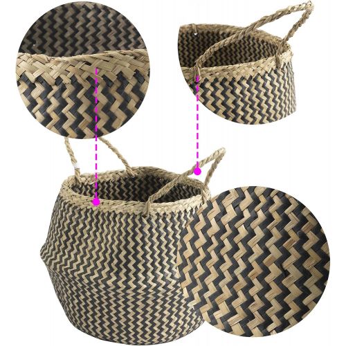  MadeTerra 2 Pack Small 10x11 Seagrass Belly Basket with Handles | Woven Straw Baskets for Laundry, Storage, Picnic, Plant Pot, Planter and Beach Bag (Black Zigzag)