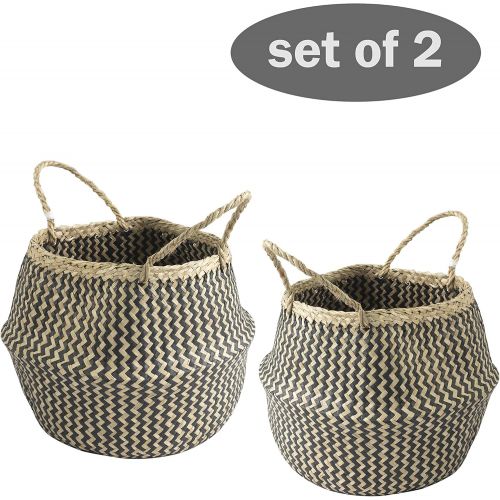  MadeTerra 2 Pack Small 10x11 Seagrass Belly Basket with Handles | Woven Straw Baskets for Laundry, Storage, Picnic, Plant Pot, Planter and Beach Bag (Black Zigzag)