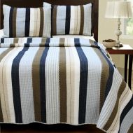 Madison Cozy Line Home Fashions Nathan Quilt Bedding Set, Navy/Blue/White/Brown Plaid Striped 100% Cotton, Reversible Coverlet, Bedspread Set, Gifts for Boy/Men/Him (Nathan Stripe, King -