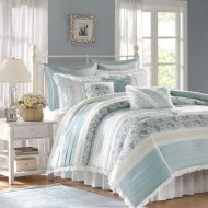 Madison Park Dawn Queen Size Bed Comforter Set Bed In A Bag - Aqua , Floral Shabby Chic  9 Pieces Bedding Sets  100% Cotton Percale Bedroom Comforters