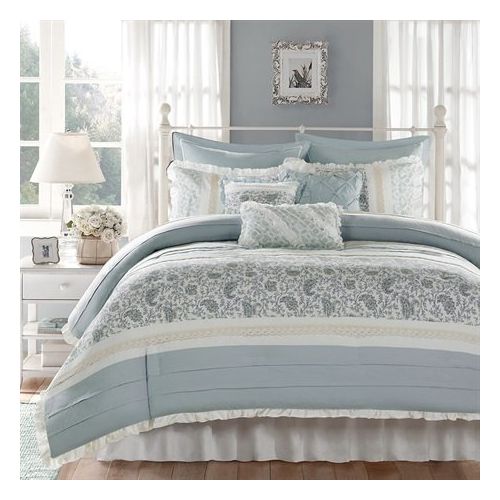  Madison Park Dawn Queen Size Bed Comforter Set Bed In A Bag - Aqua , Floral Shabby Chic  9 Pieces Bedding Sets  100% Cotton Percale Bedroom Comforters
