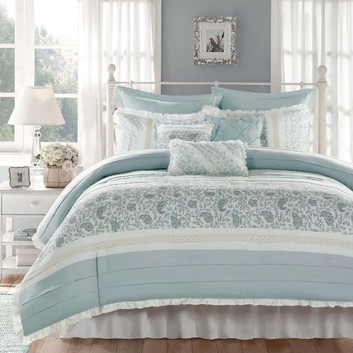  Madison Park Dawn Queen Size Bed Comforter Set Bed In A Bag - Aqua , Floral Shabby Chic  9 Pieces Bedding Sets  100% Cotton Percale Bedroom Comforters