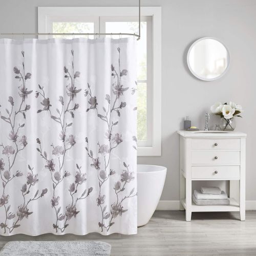  Madison Park Bathroom Shower, Magnolia Floral Design Modern Shabby Chic Privacy Bath Fabric Curtains, 72x72, Purple