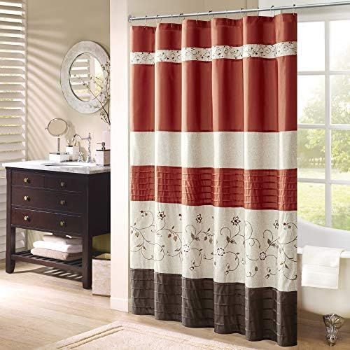  Madison Park Serene Shower Curtain Faux Silk Embroidered Floral Machine Washable Modern Home Bathroom Decorations, 72x72, Spice