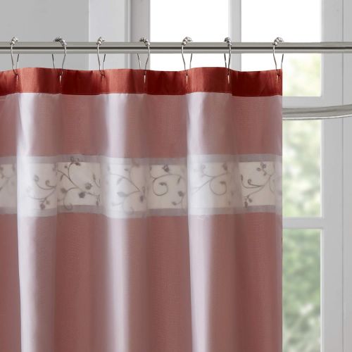  Madison Park Serene Shower Curtain Faux Silk Embroidered Floral Machine Washable Modern Home Bathroom Decorations, 72x72, Spice