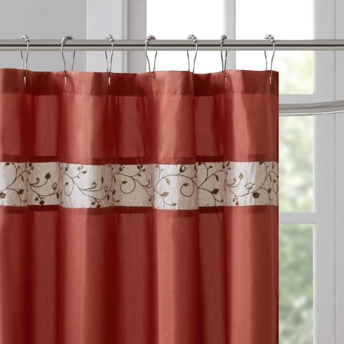  Madison Park Serene Shower Curtain Faux Silk Embroidered Floral Machine Washable Modern Home Bathroom Decorations, 72x72, Spice