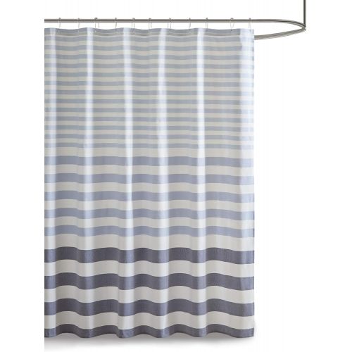  Madison Park Aviana Bathroom Shower Woven Yarn Dyed Ombre Stripe Design Modern Privacy Bath Fabric Curtains, 72x72, Navy