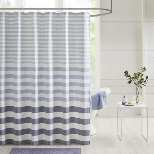  Madison Park Aviana Bathroom Shower Woven Yarn Dyed Ombre Stripe Design Modern Privacy Bath Fabric Curtains, 72x72, Navy