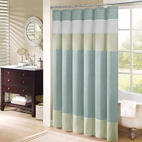  Madison Park Amherst Bathroom Shower Faux Silk Pieced Striped Modern Microfiber Bath Curtains, 72x72 Inches, Green