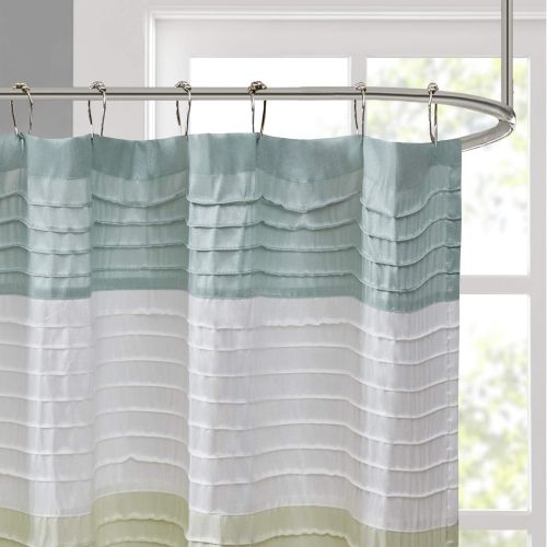  Madison Park Amherst Bathroom Shower Faux Silk Pieced Striped Modern Microfiber Bath Curtains, 72x72 Inches, Green