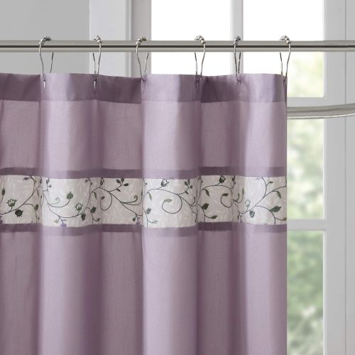  Madison Park Serene Shower Curtain Faux Silk Embroidered Floral Machine Washable Modern Home Bathroom Decorations, 72x72, Purple