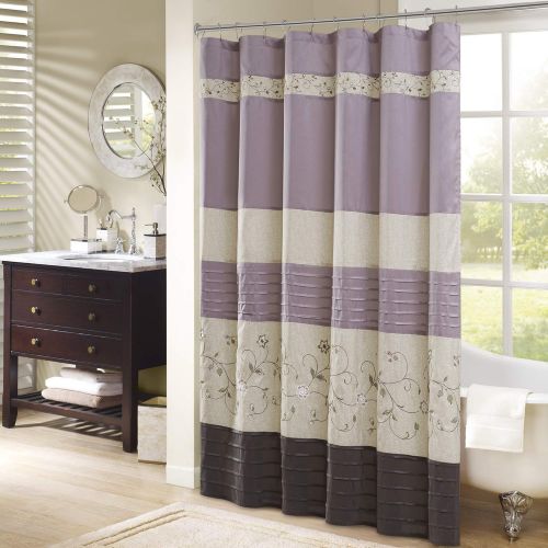  Madison Park Serene Shower Curtain Faux Silk Embroidered Floral Machine Washable Modern Home Bathroom Decorations, 72x72, Purple