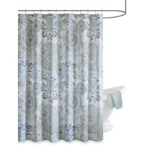  Madison Park Isla 100% Cotton Percale Floral Medallion Boho Printed Watercolor Cute Bathroom Shower Curtain, 72X72 Inches, Blue