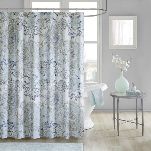  Madison Park Isla 100% Cotton Percale Floral Medallion Boho Printed Watercolor Cute Bathroom Shower Curtain, 72X72 Inches, Blue