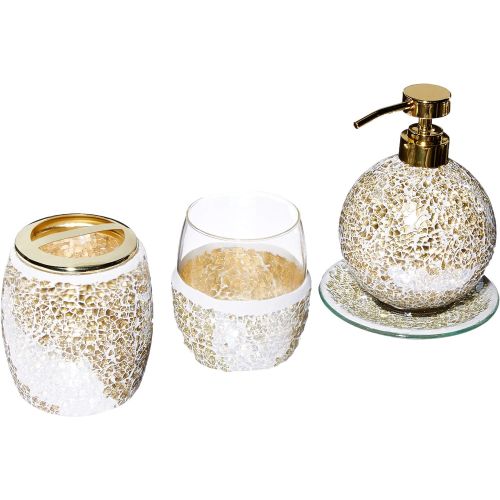  Madison Park Mosaic Bathroom Accessories Set , 4 Piece Bath Accessory Sets With Gold Soap Dispenser , Toothbrush Holder , Tumbler And Ring Tray