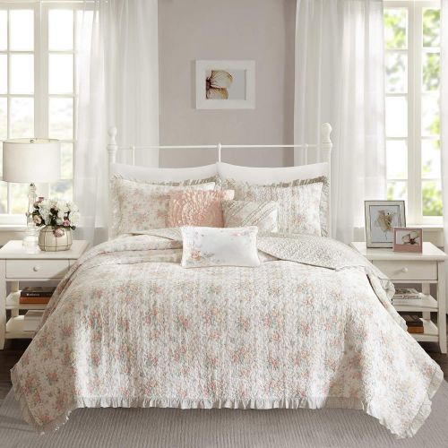  Madison Park Serendipity KingCal King Size Quilt Bedding Set - Coral, Floral  6 Piece Bedding Quilt Coverlets  100% Cotton Bed Quilts Quilted Coverlet