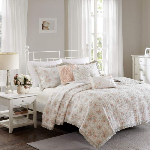  Madison Park Serendipity KingCal King Size Quilt Bedding Set - Coral, Floral  6 Piece Bedding Quilt Coverlets  100% Cotton Bed Quilts Quilted Coverlet