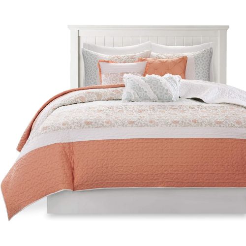  Madison Park Serendipity KingCal King Size Quilt Bedding Set - Coral, Floral  6 Piece Bedding Quilt Coverlets  100% Cotton Bed Quilts Quilted Coverlet