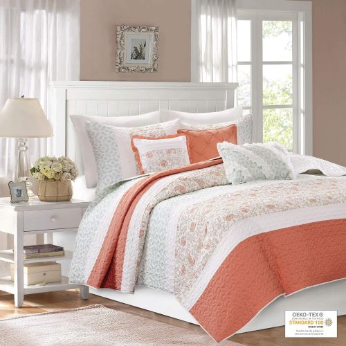  Madison Park Serendipity KingCal King Size Quilt Bedding Set - Coral, Floral  6 Piece Bedding Quilt Coverlets  100% Cotton Bed Quilts Quilted Coverlet