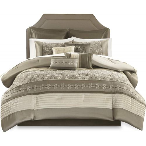  Madison Park Essentials Jelena King Size Bed Comforter Set Room in A Bag - Aqua, Brown, Embroidered Vine Pattern  24 Pieces Bedding Sets  Faux Silk Bedroom Comforters