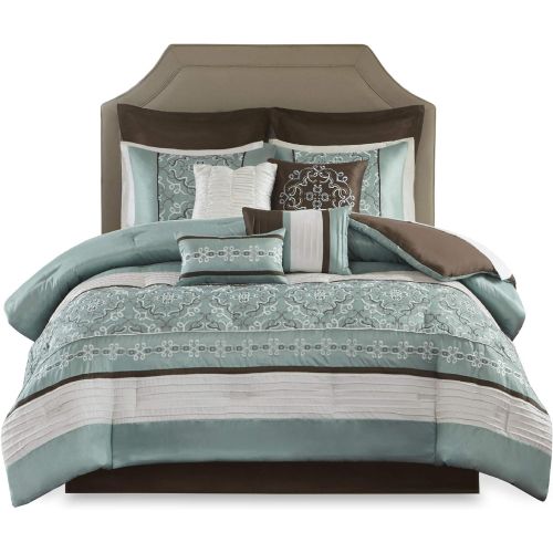  Madison Park Essentials Jelena King Size Bed Comforter Set Room in A Bag - Aqua, Brown, Embroidered Vine Pattern  24 Pieces Bedding Sets  Faux Silk Bedroom Comforters
