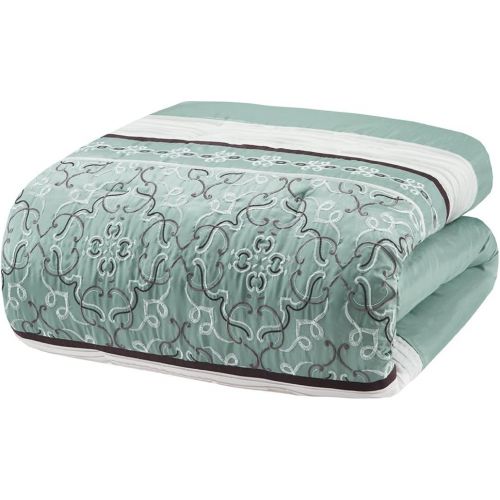  Madison Park Essentials Jelena King Size Bed Comforter Set Room in A Bag - Aqua, Brown, Embroidered Vine Pattern  24 Pieces Bedding Sets  Faux Silk Bedroom Comforters