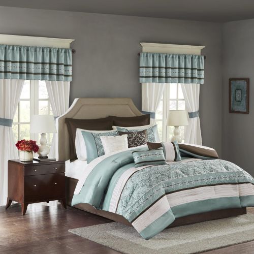  Madison Park Essentials Jelena King Size Bed Comforter Set Room in A Bag - Aqua, Brown, Embroidered Vine Pattern  24 Pieces Bedding Sets  Faux Silk Bedroom Comforters