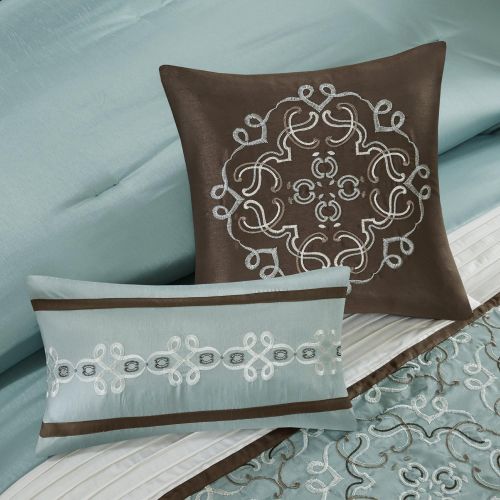  Madison Park Essentials Jelena King Size Bed Comforter Set Room in A Bag - Aqua, Brown, Embroidered Vine Pattern  24 Pieces Bedding Sets  Faux Silk Bedroom Comforters