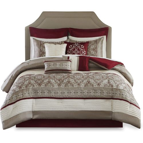  Madison Park Essentials Jelena Cal King Size Bed Comforter Set Room in A Bag - Burgundy, Khaki, Embroidered Vine Pattern  24 Pieces Bedding Sets  Faux Silk Bedroom Comforters