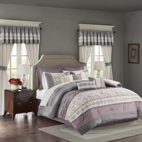  Madison Park Essentials Jelena Cal King Size Bed Comforter Set Room in A Bag - Burgundy, Khaki, Embroidered Vine Pattern  24 Pieces Bedding Sets  Faux Silk Bedroom Comforters