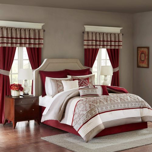  Madison Park Essentials Jelena Cal King Size Bed Comforter Set Room in A Bag - Burgundy, Khaki, Embroidered Vine Pattern  24 Pieces Bedding Sets  Faux Silk Bedroom Comforters