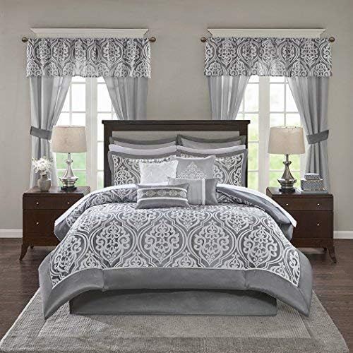  Madison Park Essentials Jordan Queen Size Bed Comforter Set Room in A Bag - Grey, Jacquard Damask  24 Pieces Bedding Sets  Faux Silk Bedroom Comforters