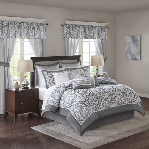  Madison Park Essentials Jordan Queen Size Bed Comforter Set Room in A Bag - Grey, Jacquard Damask  24 Pieces Bedding Sets  Faux Silk Bedroom Comforters