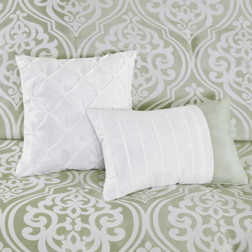  Madison Park Essentials Jordan Queen Size Bed Comforter Set Room in A Bag - Grey, Jacquard Damask  24 Pieces Bedding Sets  Faux Silk Bedroom Comforters