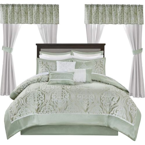  Madison Park Essentials Jordan Queen Size Bed Comforter Set Room in A Bag - Grey, Jacquard Damask  24 Pieces Bedding Sets  Faux Silk Bedroom Comforters