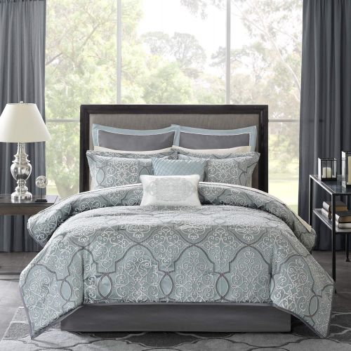  Madison Park MP10-4046 Lavine 12 Piece Jacquard Comforter Set, Silver, Cal King