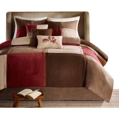  Madison Park Jackson Blocks Cal King Size Bed Comforter Set Bed in A Bag - Burgundy, Tan, Pieced Colorblock  7 Pieces Bedding Sets  Faux Suede Bedroom Comforters