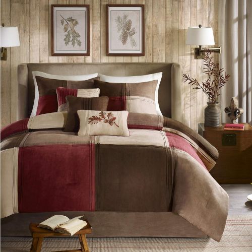  Madison Park Jackson Blocks Cal King Size Bed Comforter Set Bed in A Bag - Burgundy, Tan, Pieced Colorblock  7 Pieces Bedding Sets  Faux Suede Bedroom Comforters