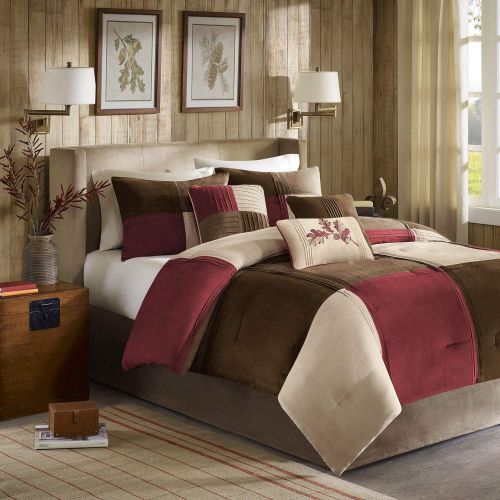  Madison Park Jackson Blocks Cal King Size Bed Comforter Set Bed in A Bag - Burgundy, Tan, Pieced Colorblock  7 Pieces Bedding Sets  Faux Suede Bedroom Comforters