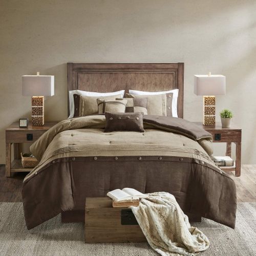  Madison Park Boone Cal King Size Bed Comforter Set Bed in A Bag - Brown, Textured Print  7 Pieces Bedding Sets  Micro Suede Bedroom Comforters