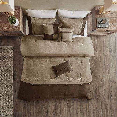  Madison Park Boone Cal King Size Bed Comforter Set Bed in A Bag - Brown, Textured Print  7 Pieces Bedding Sets  Micro Suede Bedroom Comforters